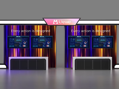 Black Display Shelves With Purple Yellow Striped Walls And Pink Menu Sign Above Digital Screens 3d model