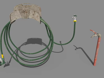 Practical Green Garden Hose With Metal Reel And Red Outdoor Faucet For Daily Household Use 3d model