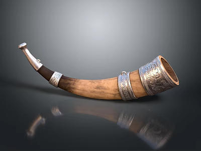 Handcrafted Wooden Horn With Intricate Metal Decorative Bands As Household Item 3d model