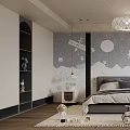 Kids Room Interior With Starry Sky Wall Mural Astronaut Chandelier Bed Toy Car And Rug