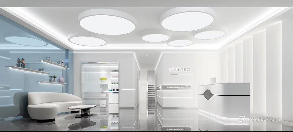 Modern Bright Beauty Hair Salon Interior With Round Ceiling Lights Reception Desk And Product Displays 3d model 