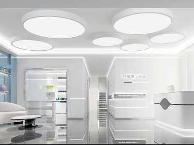 Modern Bright Beauty Hair Salon Interior With Round Ceiling Lights Reception Desk And Product Displays 3d model