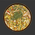 Natural Wooden Serving Bowl with Fresh Soup Vegetables Noodles and Herbs