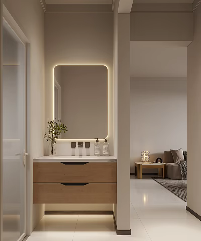 Modern Wooden Bathroom Cabinet With Backlit Mirror Storage Drawers And Toiletries 3d model
