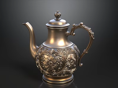Antique Brass Teapot With Intricate Floral Engravings And Ornate Handle 3d model