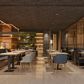 Modern Restaurant Interior With Wooden Walls Dining Tables Chairs Green Plants And Lighting