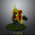Horned Mechanical Character With Red Yellow Armor Black Arms And Green Base