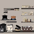Organized Modern Kitchen Interior With Shelves Holding Coffee Machines Pots And Spice Jars