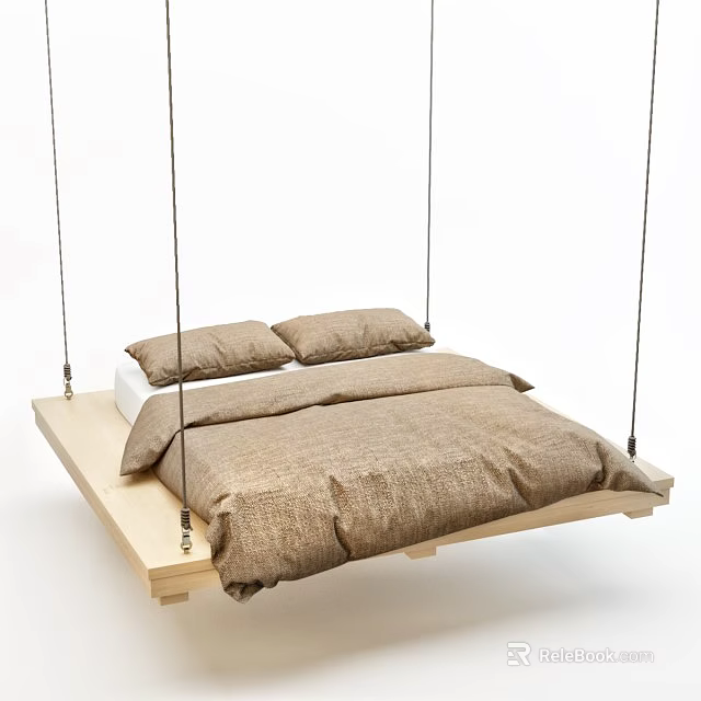 Modern Hammock Bed with Wooden Base Comforter and Pillows in Minimalist Interior 3d model 