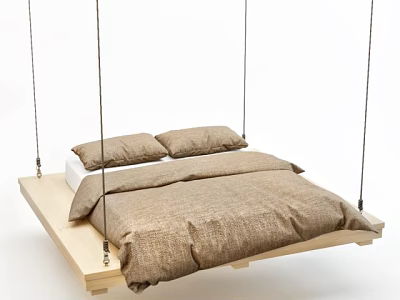 Modern Hammock Bed with Wooden Base Comforter and Pillows in Minimalist Interior 3d model