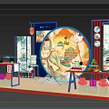 Traditional Chinese Tea Break Area With Mid Autumn Festival Round Decorative Painting And Lanterns