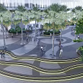 Modern Plaza Landscape with Palm Trees Pedestrians Curved Steps Modern Building and Greenery