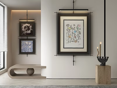 Abstract Paintings On White Wall In Modern Living Room With Decorative Elements 3d model