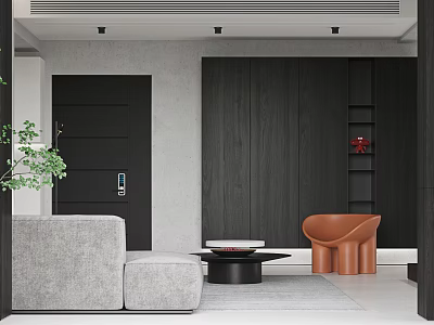 Modern Living Room With Gray Sofa Orange Chair Black Coffee Table And Dark Wooden Wall 3d model