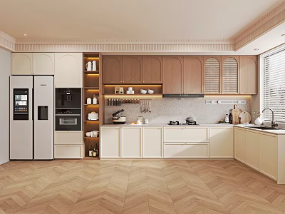 Modern Kitchen Interior Design With Wooden And White Cabinets Herringbone Floor And Appliances 3d model