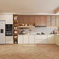 Modern Kitchen Interior Design With Wooden And White Cabinets Herringbone Floor And Appliances