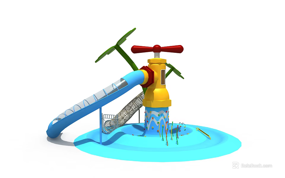 Colorful Water Play Equipment with Blue Slide Red Handle Green Palm Leaves and Blue Pool 3d model 