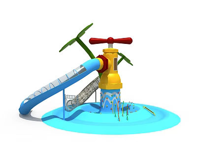 Colorful Water Play Equipment with Blue Slide Red Handle Green Palm Leaves and Blue Pool 3d model