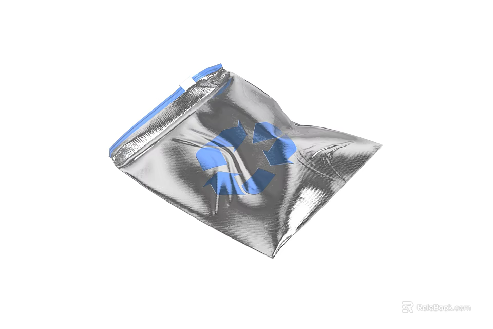 Eco Friendly Tableware Set in Silver Pouch with Blue Recycling Symbol 3d model 
