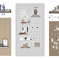 Stylish Wall Decor Featuring Multi Colored Pegboards With Shelves Decorative Items And 3d model