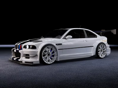 White BMW Sporty Modified Car With Black Stripes Large Wheels And Rear Spoiler 3d model