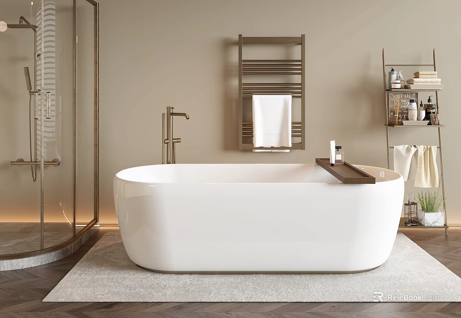 White Freestanding Bathtub In Modern Bathroom With Towel Rack Wooden Shelf And Bath Mat 3d model 