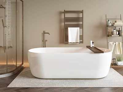 White Freestanding Bathtub In Modern Bathroom With Towel Rack Wooden Shelf And Bath Mat 3d model