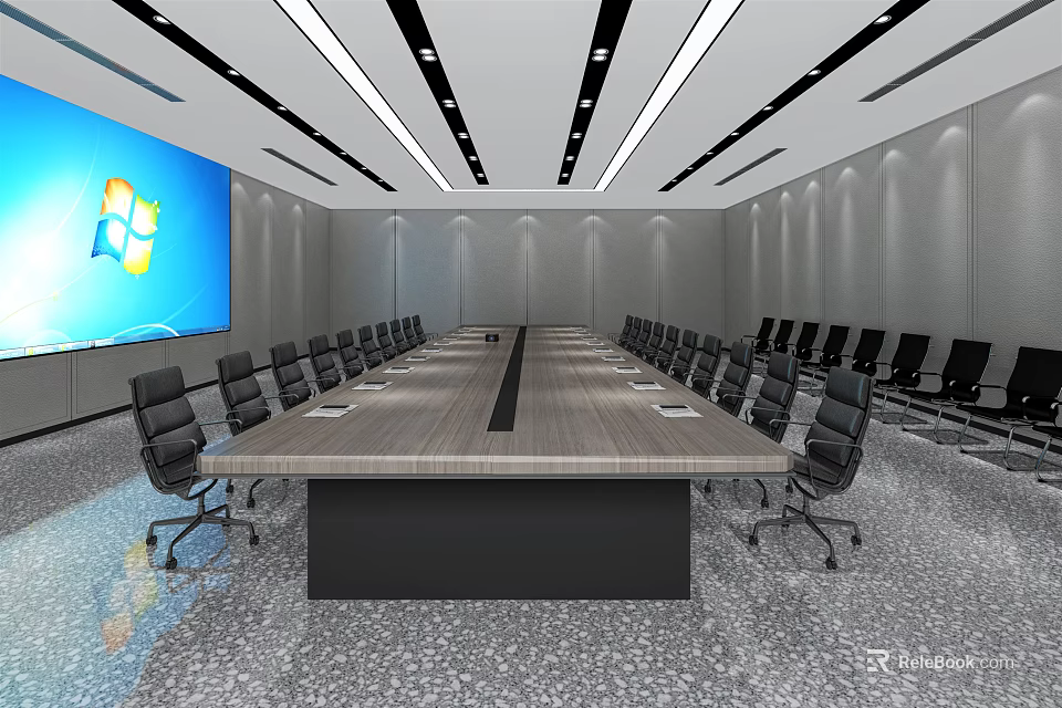 Modern Conference Room With Long Table Black Chairs Large Screen And Ceiling Lights 3d model