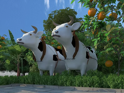 Scenic Garden Landscape With White And Black Cow Sculptures Orange Trees And Lush Green Bushes 3d model