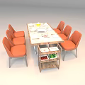 Orange Chair Dining Table Set With Marble Top Circular Hotpot And Wooden Shelf