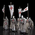 Medieval Knights With Cross Symbols In Tattered Robes Holding Flags Standing In Formation
