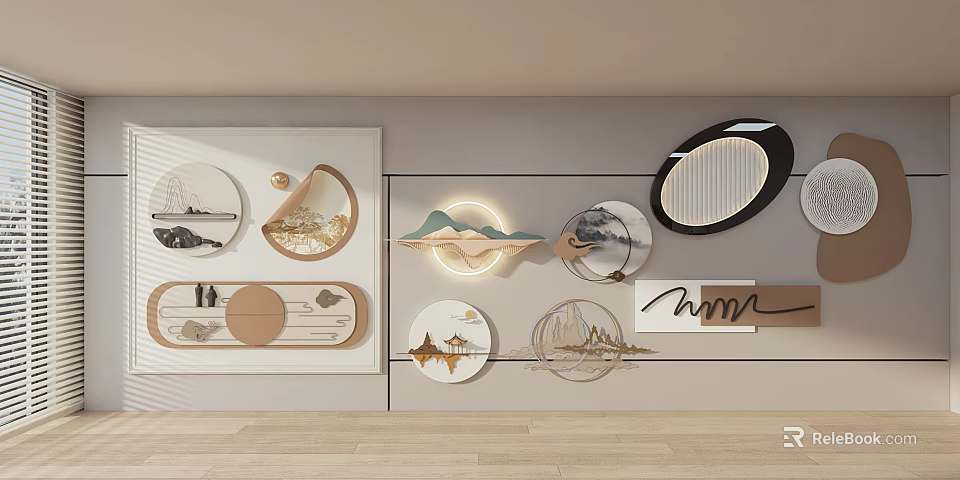 Modern Wall Decor With Circular Oval Shapes Mountain Patterns And Lighting Elements 3d model 