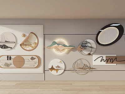 Modern Wall Decor With Circular Oval Shapes Mountain Patterns And Lighting Elements 3d model