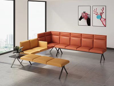 Orange Leather Double Sofa In Modern Interior With Yellow Accent Chair Ottoman And Wall Art 3d model