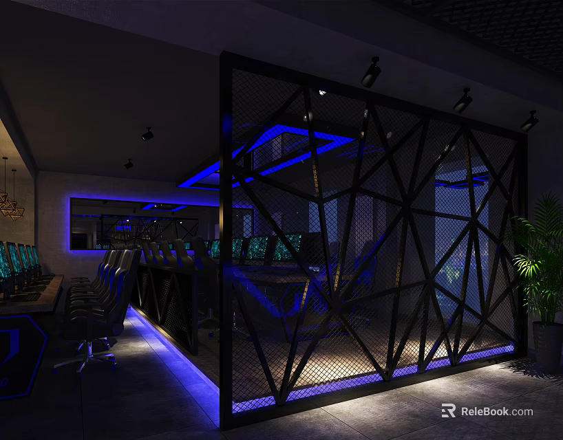 Modern Cyber Cafe Interior With Blue Lighting Black Metal Partition Computers Tables And Green Plants 3d model 
