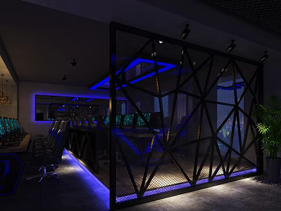 Modern Cyber Cafe Interior With Blue Lighting Black Metal Partition Computers Tables And Green Plants 3d model