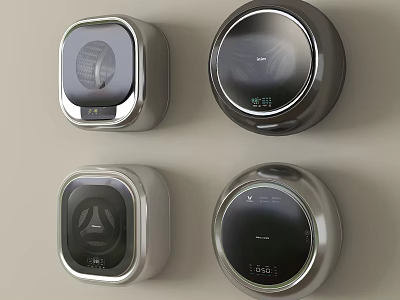 Four Modern Wall Mounted Washing Machines With Circular And Square Designs And Digital Control Panels 3d model