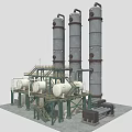 Industrial Equipment With Three Tall Towers Green Metal Framework White Storage Tanks Staircases And Pipes