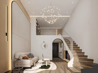 Modern Loft Living Room With Sofa Round Coffee Table Chandelier Staircase 3d model
