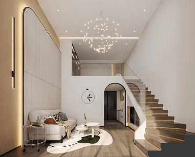 Modern Loft Living Room With Sofa Round Coffee Table Chandelier Staircase 3d model