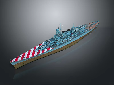 Large Military Battleship with Red White Striped Bow Blue Hull and Turrets on Deck 3d model