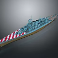 Large Military Battleship with Red White Striped Bow Blue Hull and Turrets on Deck