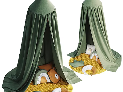 Adorable Baby Crib With Green Canopy Yellow Mat And Playful Toys 3d model