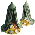 Adorable Baby Crib With Green Canopy Yellow Mat And Playful Toys