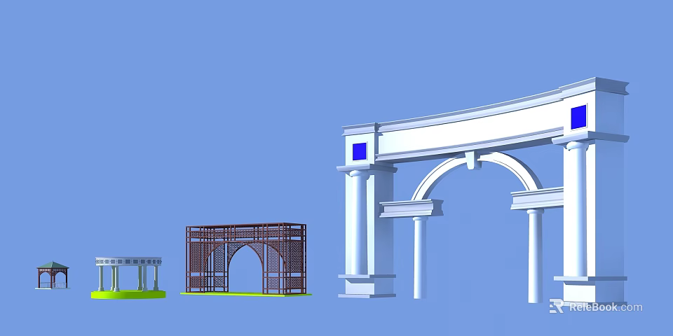 Various Entrance Gate Designs Featuring Arched Structures and White Columns 3d model 