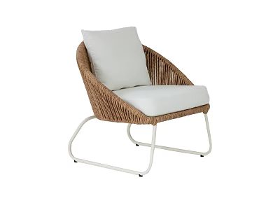 Modern Outdoor Wicker Chair with White Cushion and Curved Metal Frame Design 3d model