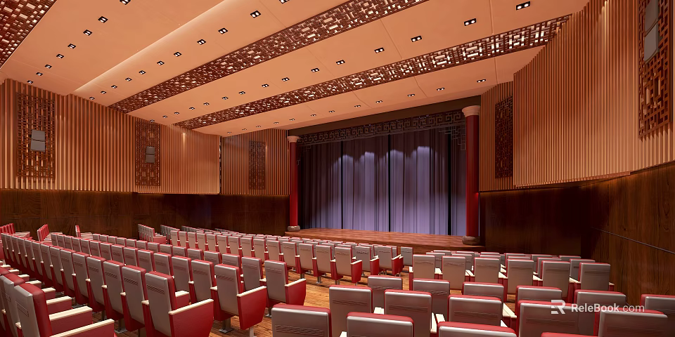 Spacious Conference Room With Red Seats Wooden Walls Purple Curtains And Decorative Ceiling 3d model 