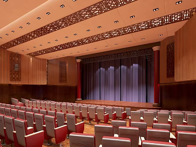 Spacious Conference Room With Red Seats Wooden Walls Purple Curtains And Decorative Ceiling 3d model