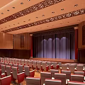 Spacious Conference Room With Red Seats Wooden Walls Purple Curtains And Decorative Ceiling