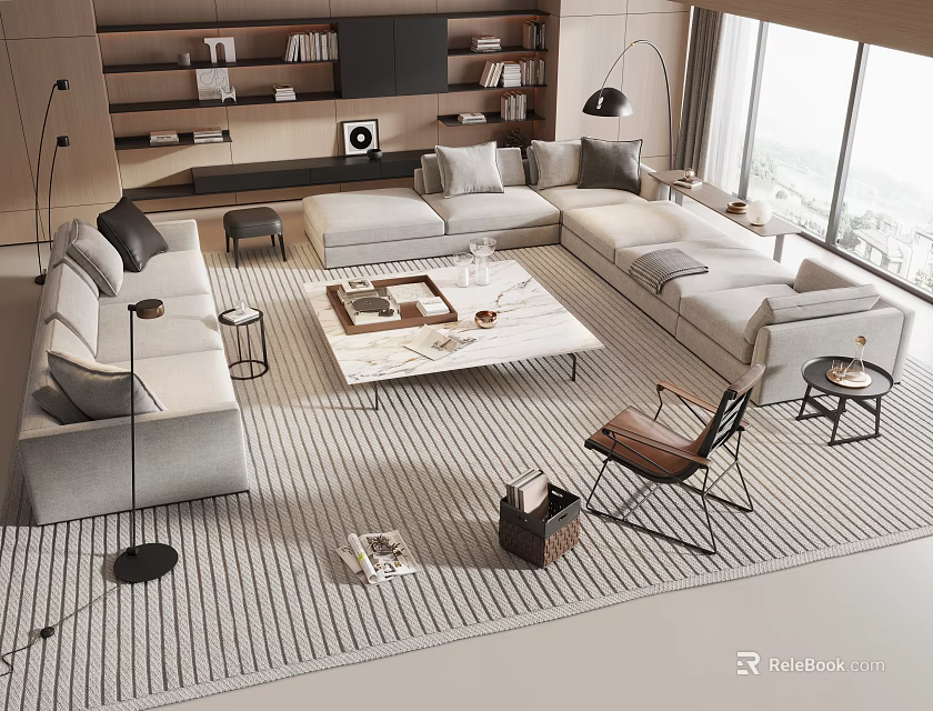 Modern Living Room Light L Shaped Sofa And Marble Coffee Table With Area Rug 3d model 
